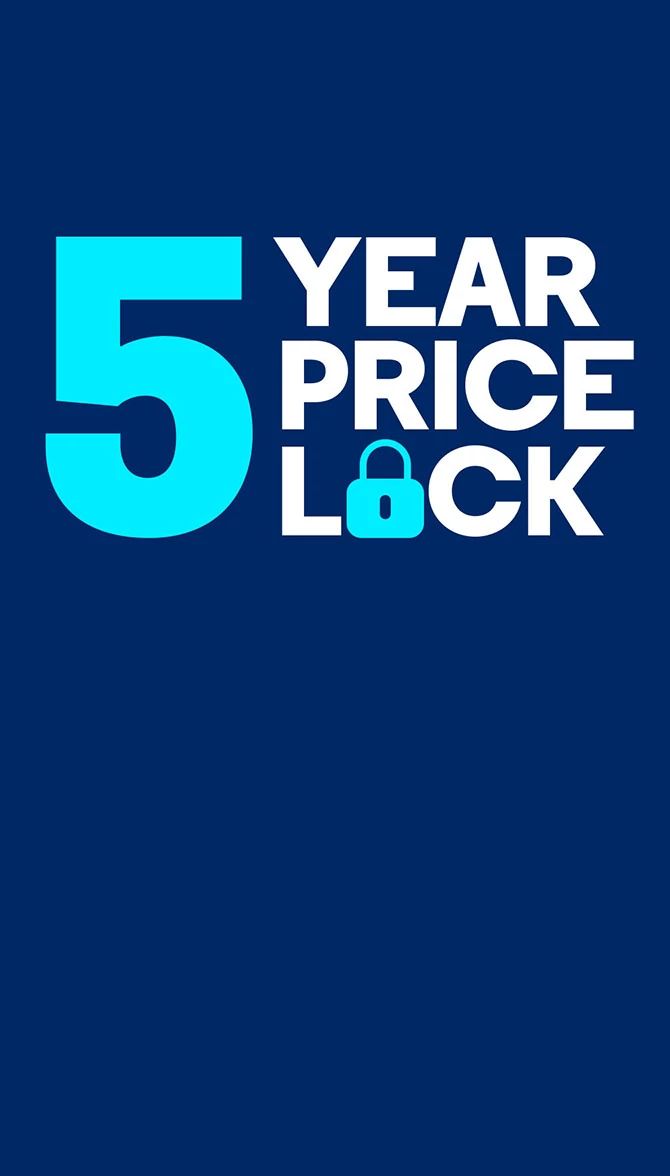 Bold "5 YEAR PRICE LOCK" text with a padlock icon on a navy blue gradient background