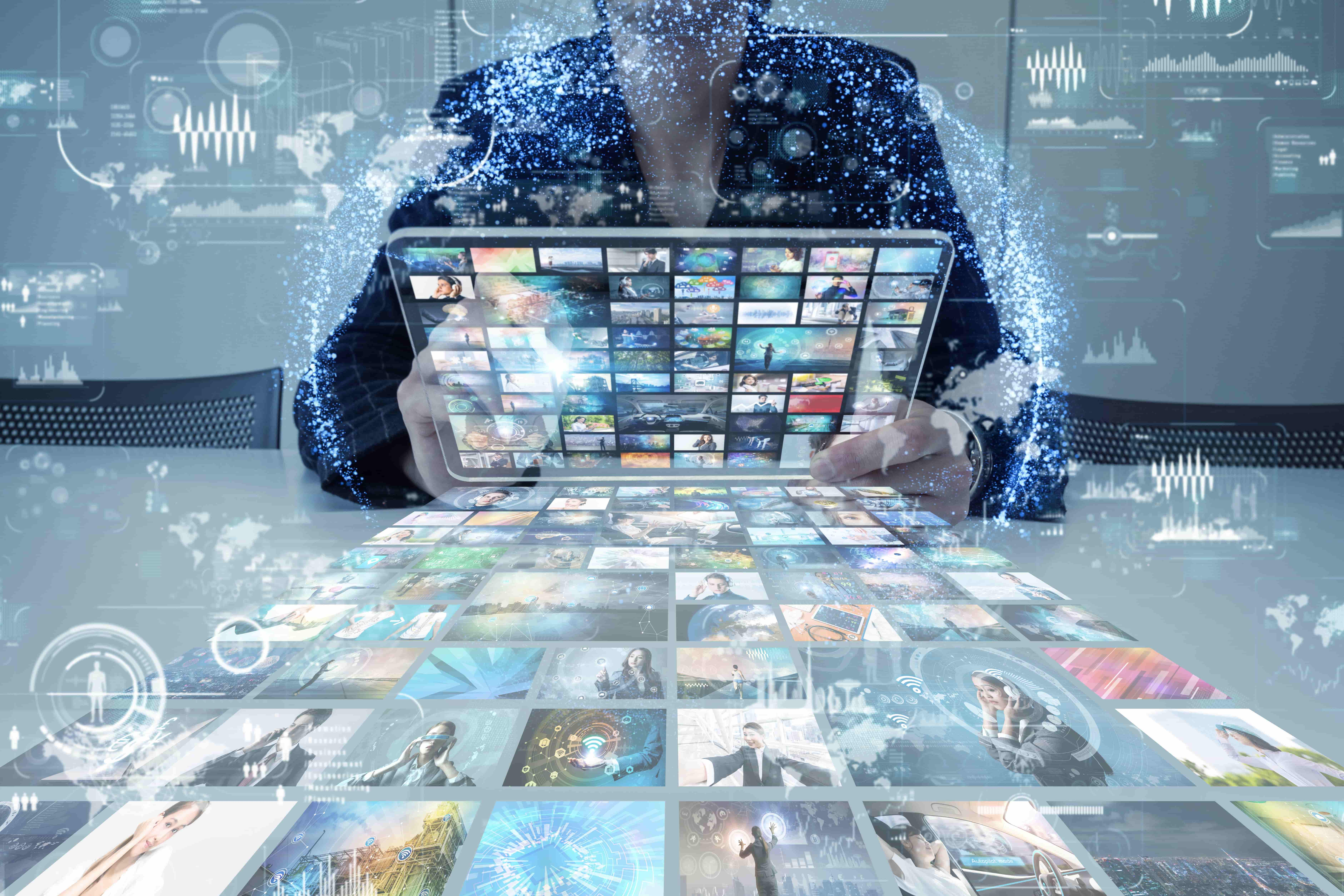 Graphic overlay image of a young woman holding a tablet device, with tiled video streaming title options and data graphs flowing from the device out into the air.