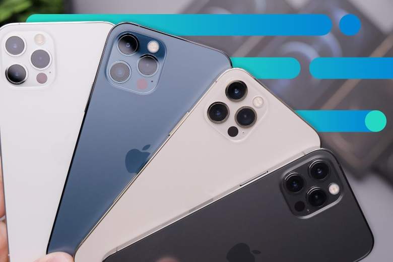 Photo of a hand holding four iPhone 12 Pro devices, fanned like a hand of cards, with Optimum graphic overlay