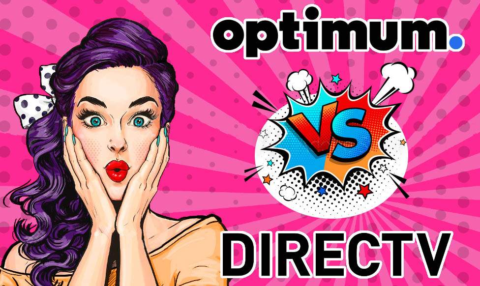 Pop-up comic of surprised girl with Optimum vs. DIRECTV logos