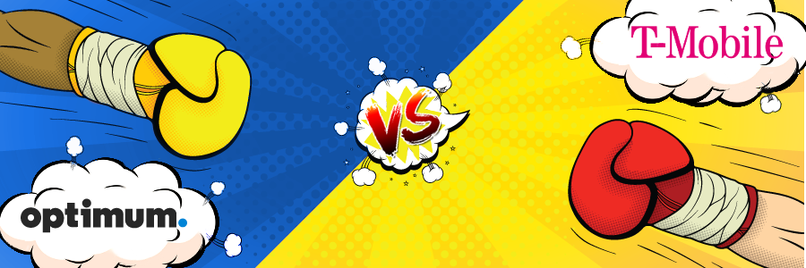 Dos guantes de boxeo con fondo azul y amarillo que incluyen los logos de Suddenlink y T-Mobile