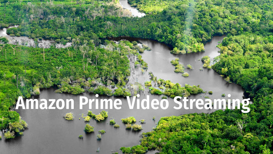 Photo of Amazon River with water grayed out with white overlay text that says "Amazon Prime Video Streaming."