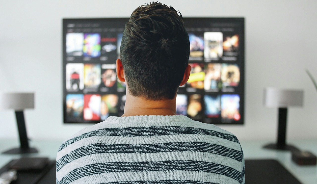 back of a guys head facing a tv picking a show to watch