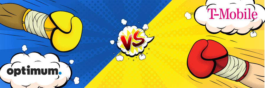 Two boxing gloves with a blue and yellow background that includes the logos for both Suddenlink and T-Mobile